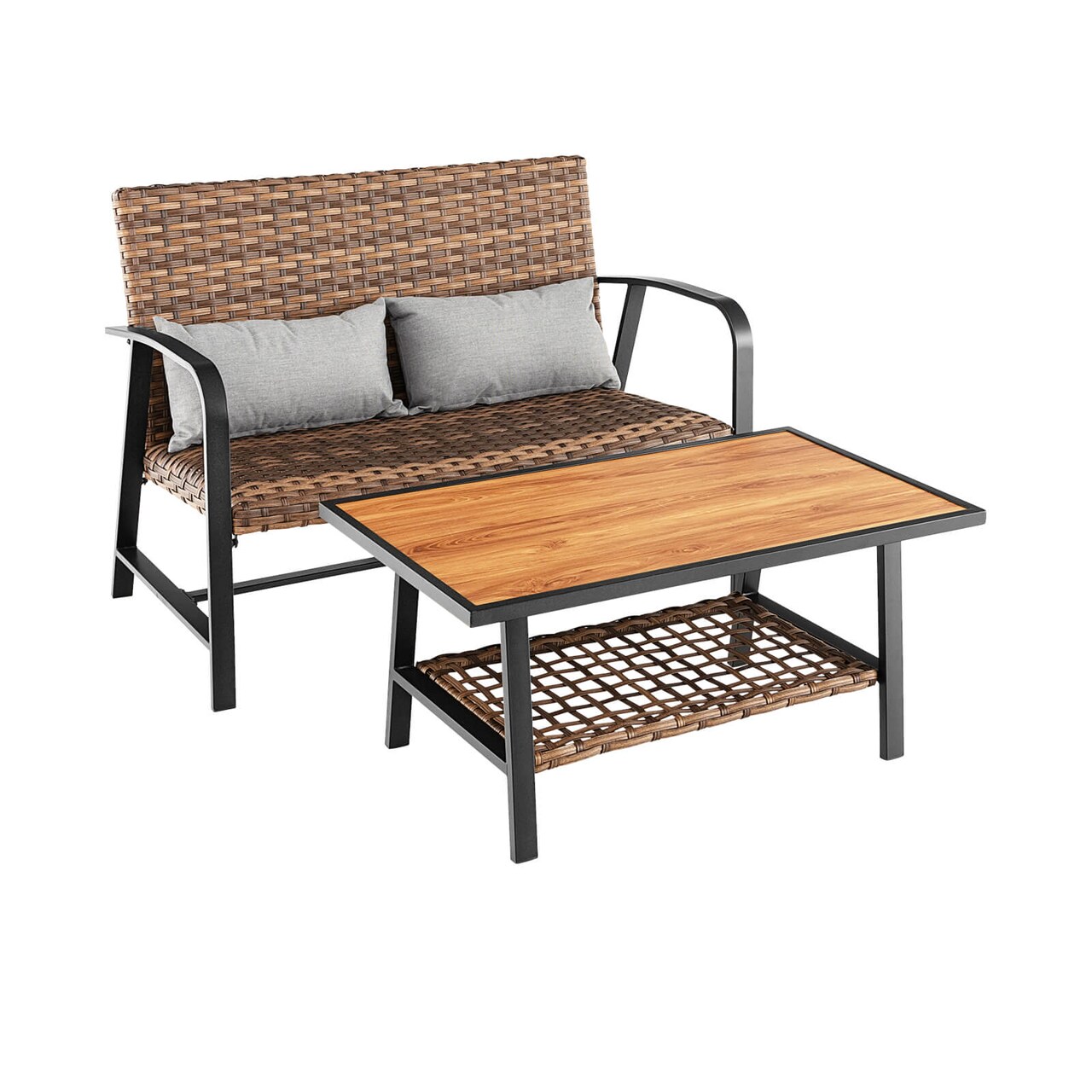 Outdoor 2-Piece Rattan Coffee Table Set with Storage Shelf and Cushions